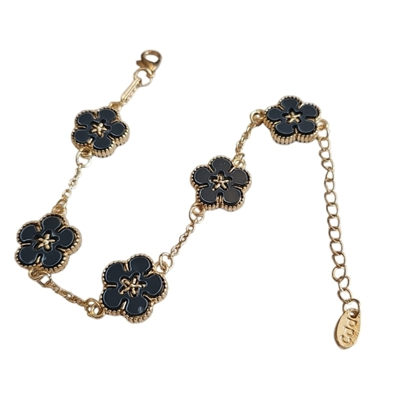 NIB Gold plated five petal navy blue flowers double sided bracelet - Picture 5 of 5